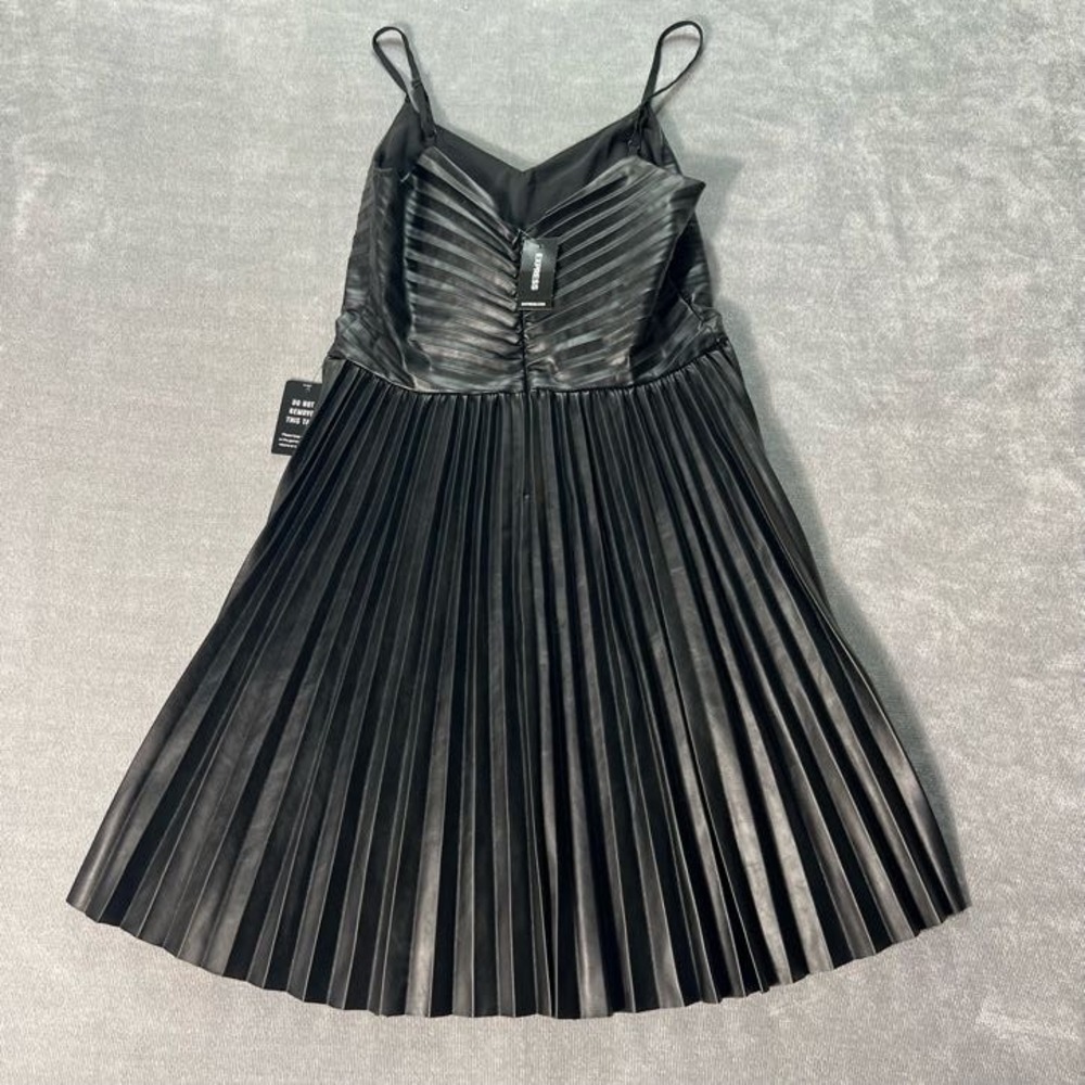 Express Womens Faux Leather V-Neck Pleated Fit Flare Mini Dress Small Black NWT